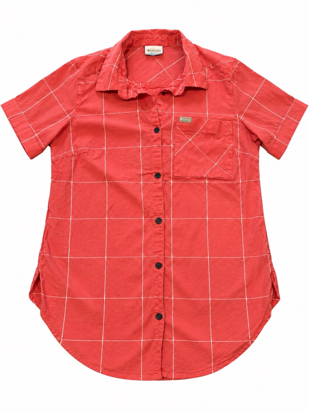 Columbia Women’s Coral Plaid Short Sleeve Button Up Shirt Size M